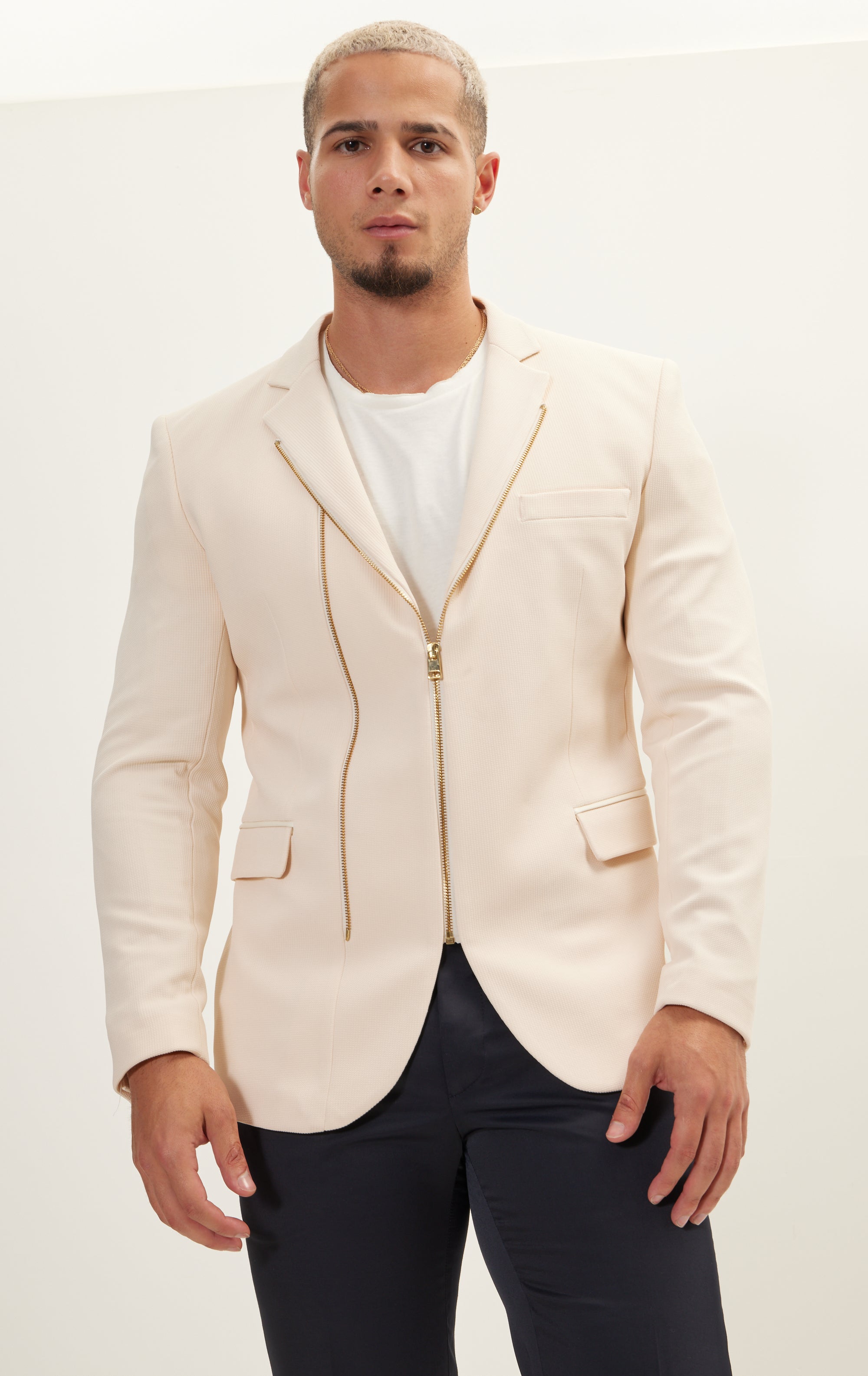 Double Zipper Jacket in Ecru Gold - Designer Clothes – Ron Tomson