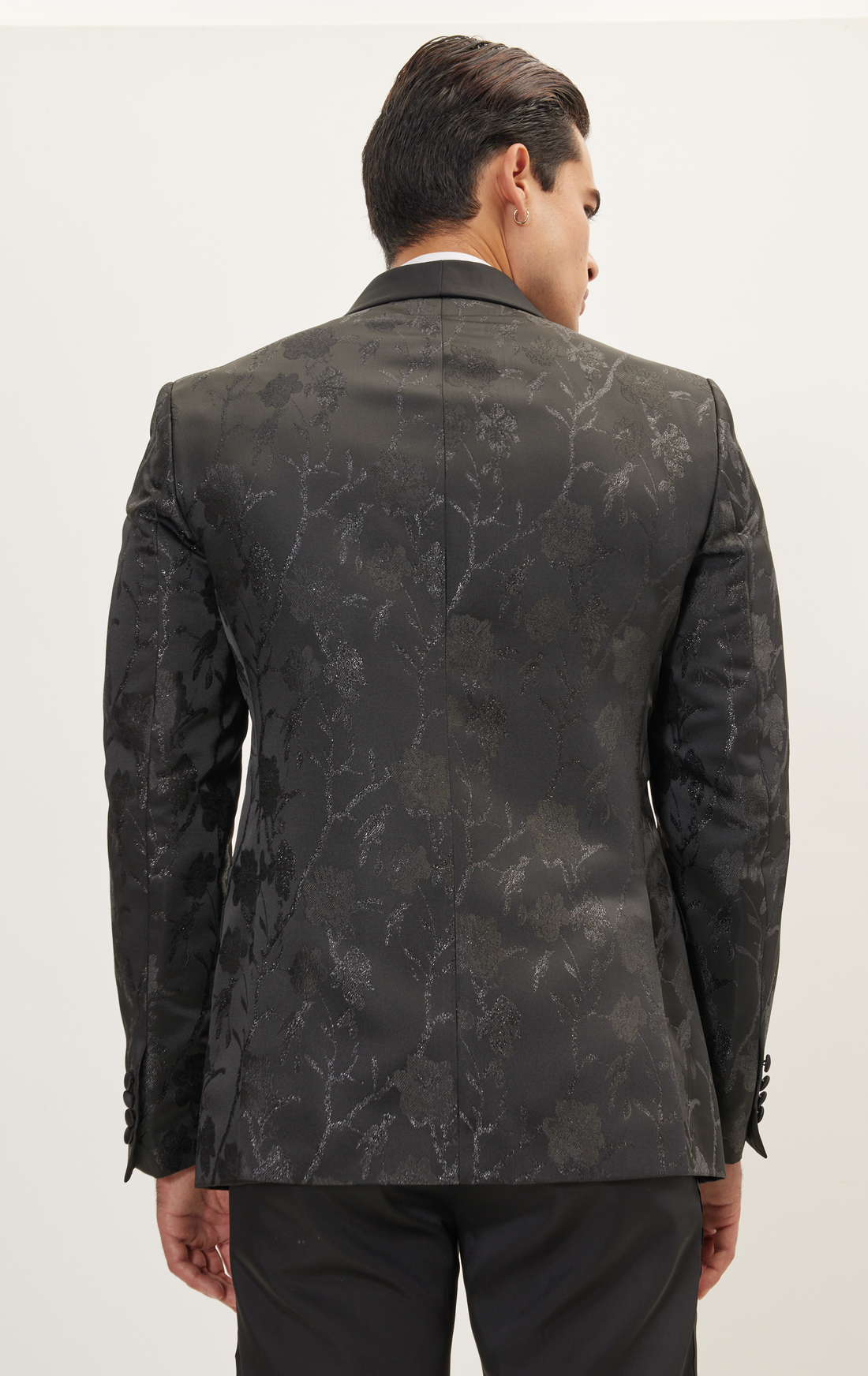 Metallic Floral Double Breasted Tuxedo Jacket - Black