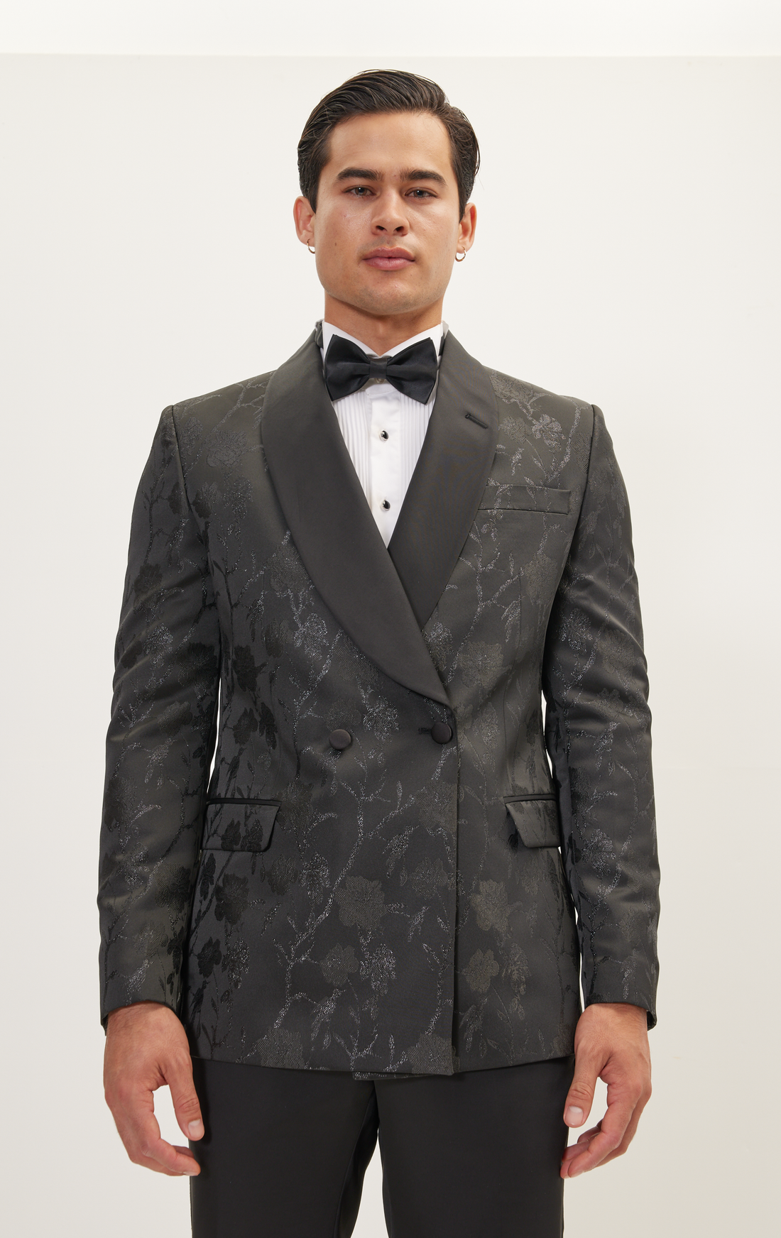 N° R203 MIDNIGHT FLORAL DOUBLE BREASTED TUXEDO JACKET - BLACK