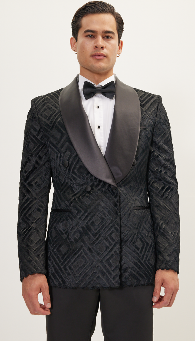 Double Breasted Italian Velvet Tuxedo Jacket - Black