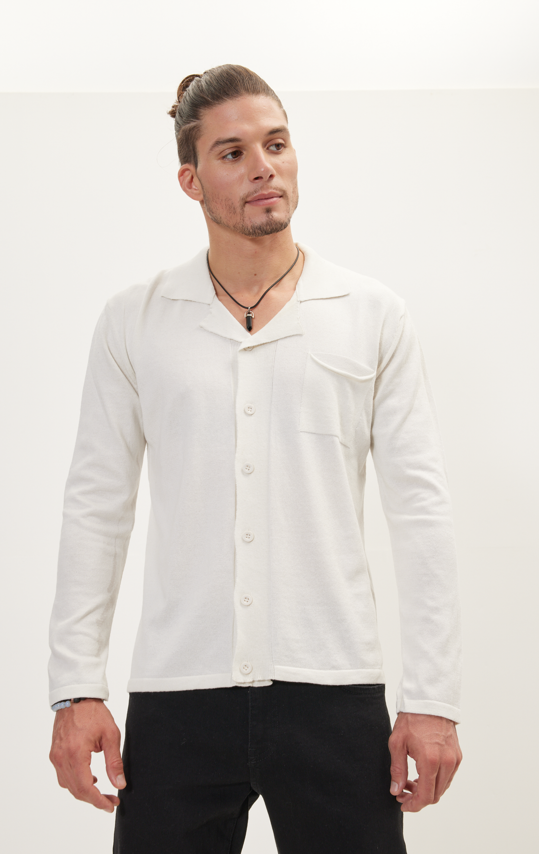 Long Sleeve Knit Button Down - White