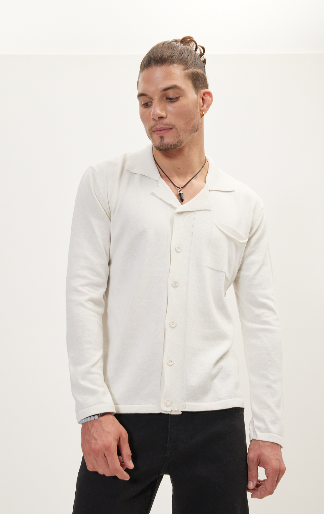 Long Sleeve Knit Button Down - White