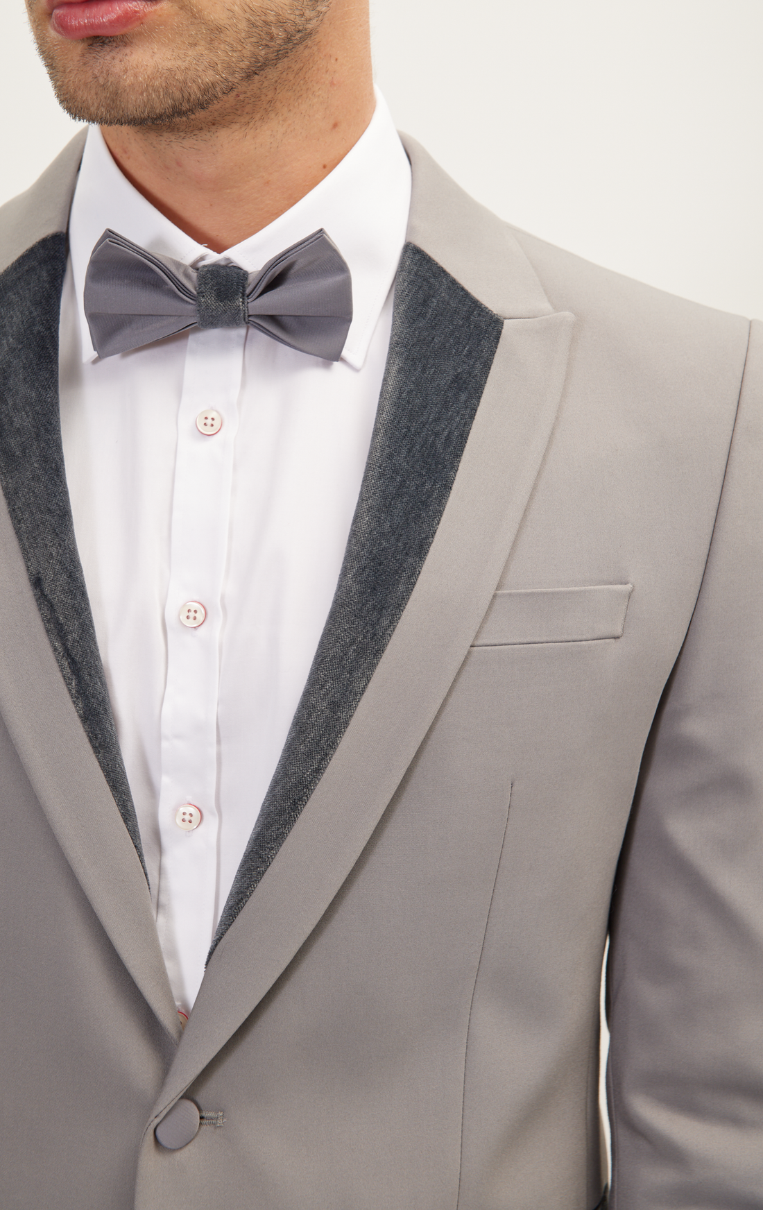 Velvet Detail Peak Lapel Tuxedo Jacket- Grey