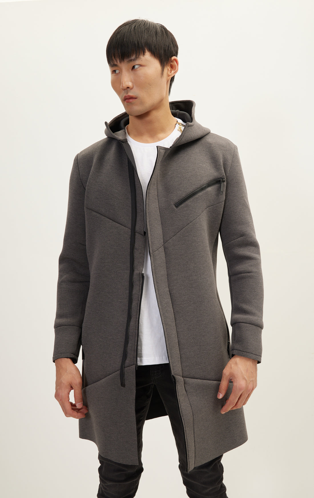 N° 6357 LINEAR HOODED LONG KNIT ZIPPER JACKET - ANTHRACITE