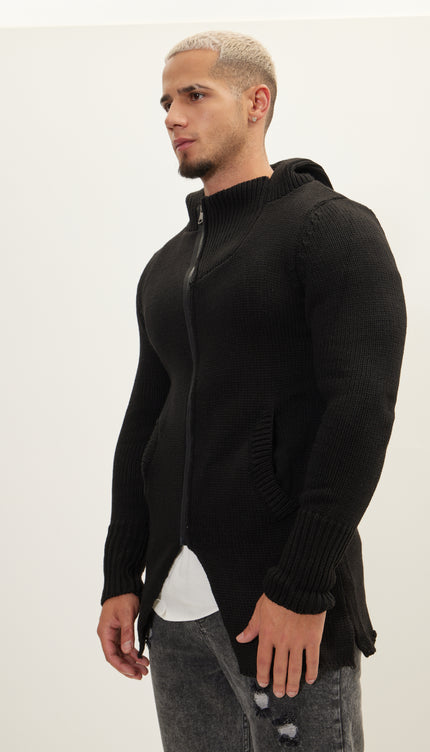 Hooded Asymmetrical Knit Jacket - Black