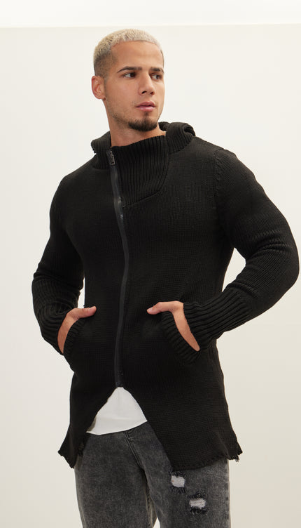 Hooded Asymmetrical Knit Jacket - Black