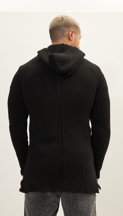 Hooded Asymmetrical Knit Jacket - Black