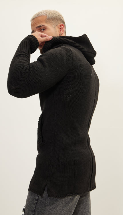 Hooded Asymmetrical Knit Jacket - Black