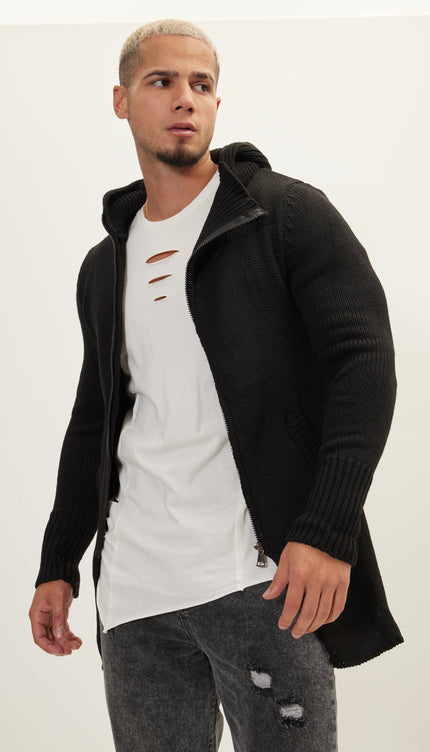 Hooded Asymmetrical Knit Jacket - Black
