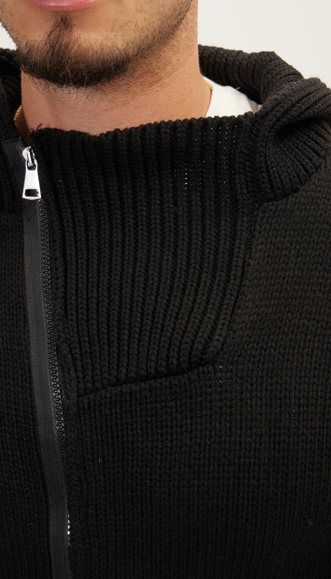 Hooded Asymmetrical Knit Jacket - Black