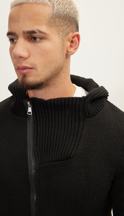 Hooded Asymmetrical Knit Jacket - Black