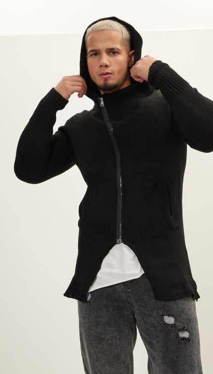 Hooded Asymmetrical Knit Jacket - Black