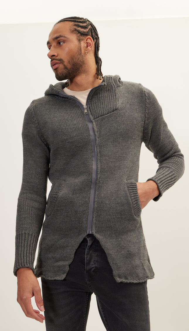 Hooded Asymmetrical Knit Jacket - Anthracite