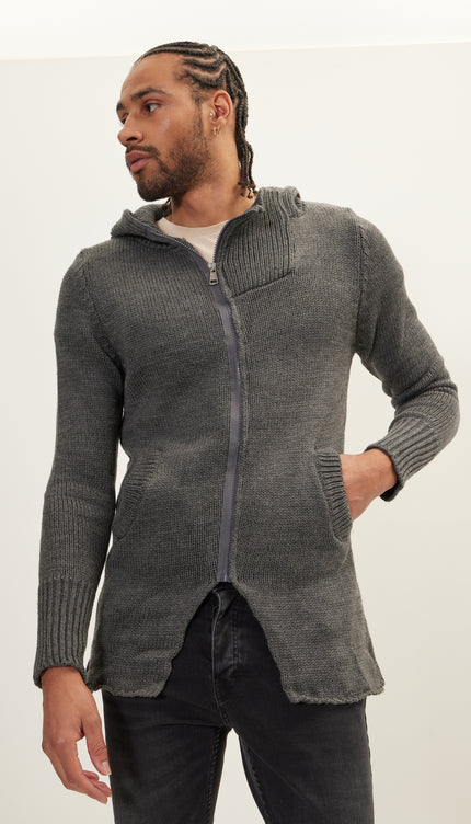 Hooded Asymmetrical Knit Jacket - Anthracite