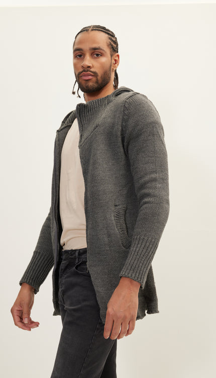 Hooded Asymmetrical Knit Jacket - Anthracite