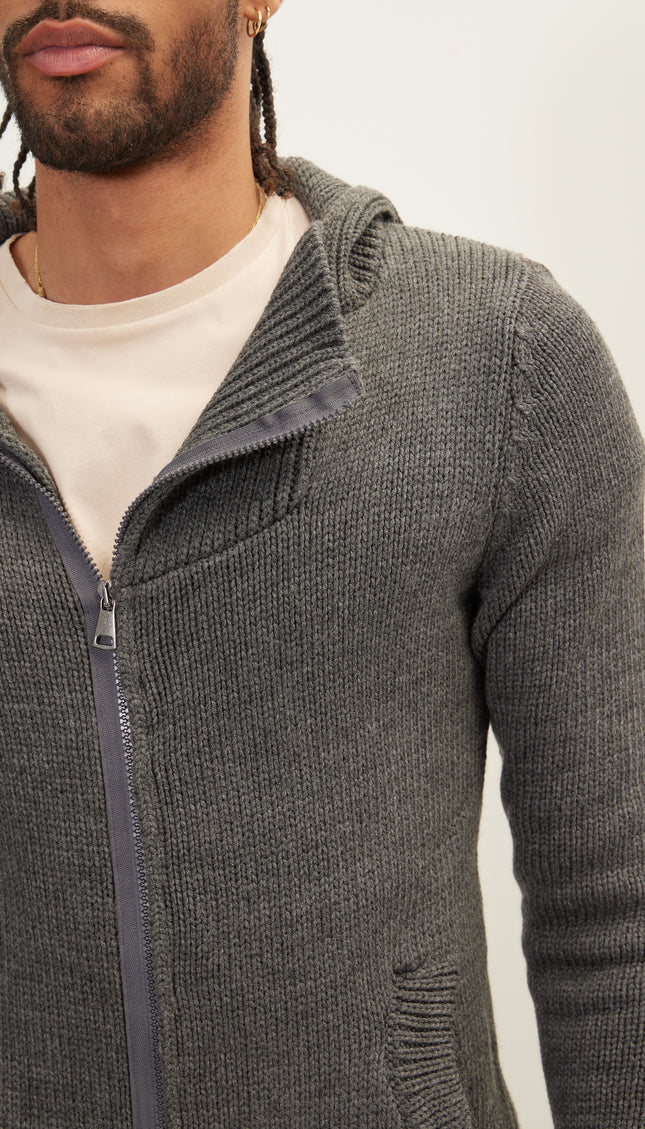 Hooded Asymmetrical Knit Jacket - Anthracite