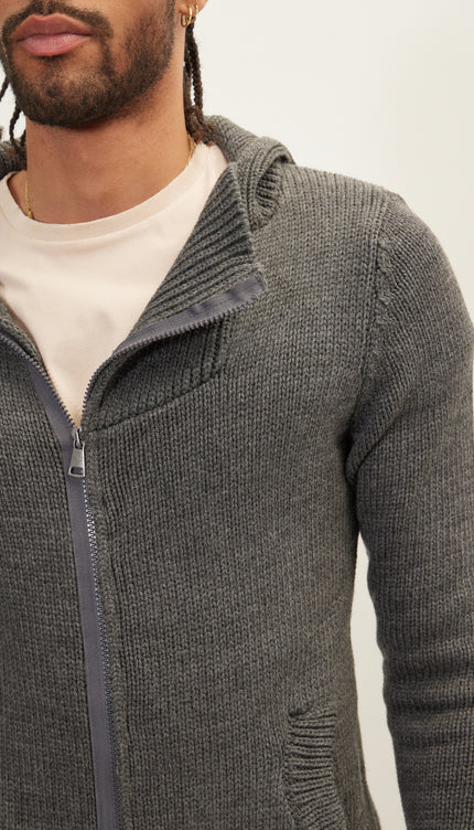 Hooded Asymmetrical Knit Jacket - Anthracite