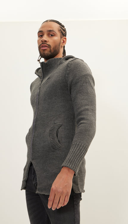 Hooded Asymmetrical Knit Jacket - Anthracite