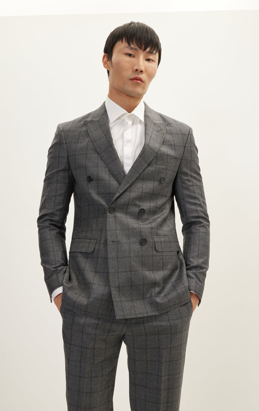 Merino Wool Double Breasted Suit - Charcoal Plaid