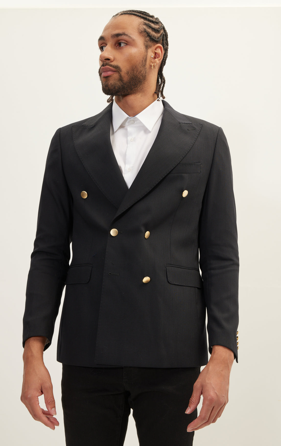 Vintage Gold Button Super 110S Wool Double Breasted Blazer - Black