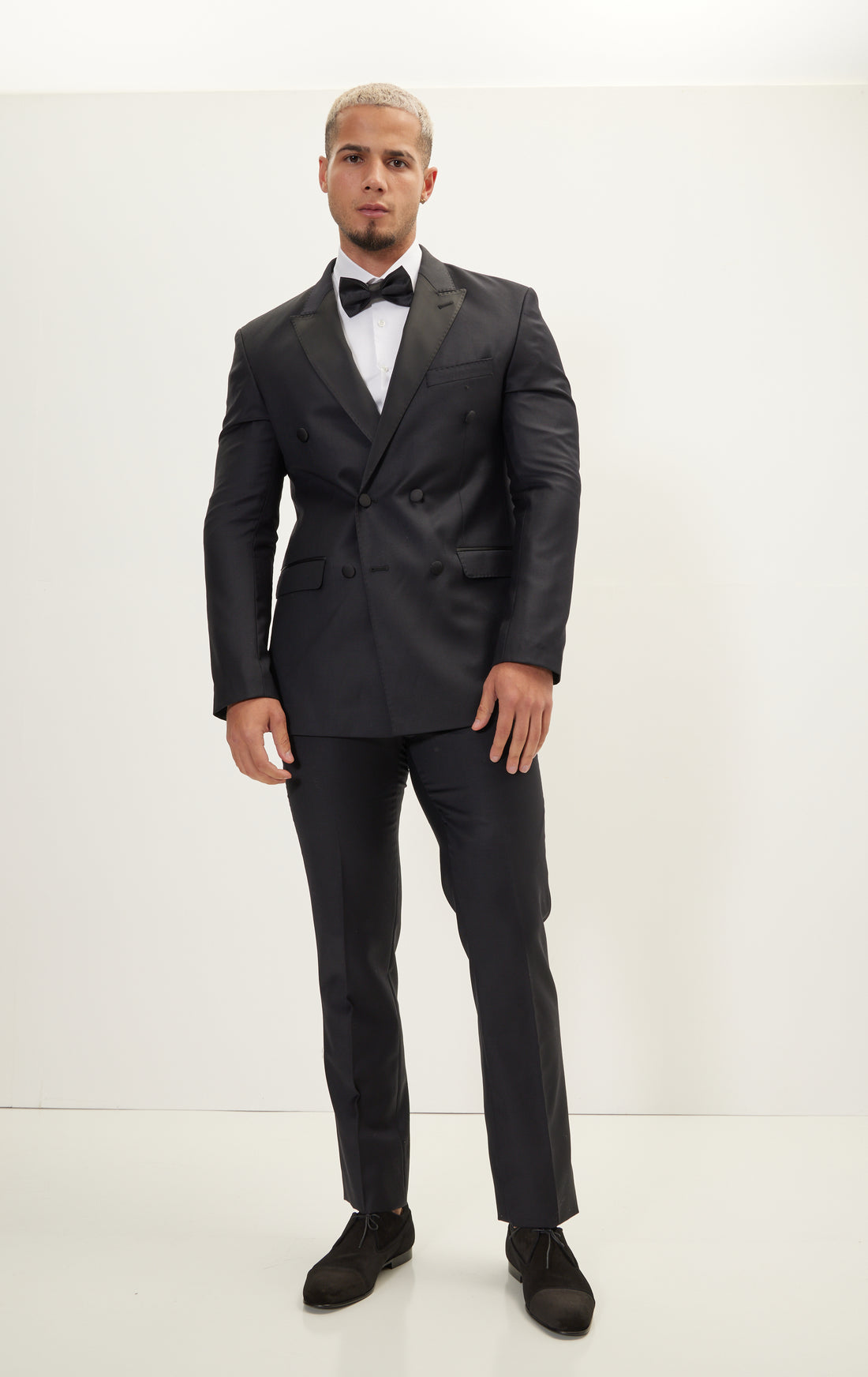 N° R276 SUPER 180S WOOL DOUBLE BREASTED TUXEDO SUIT- BLACK