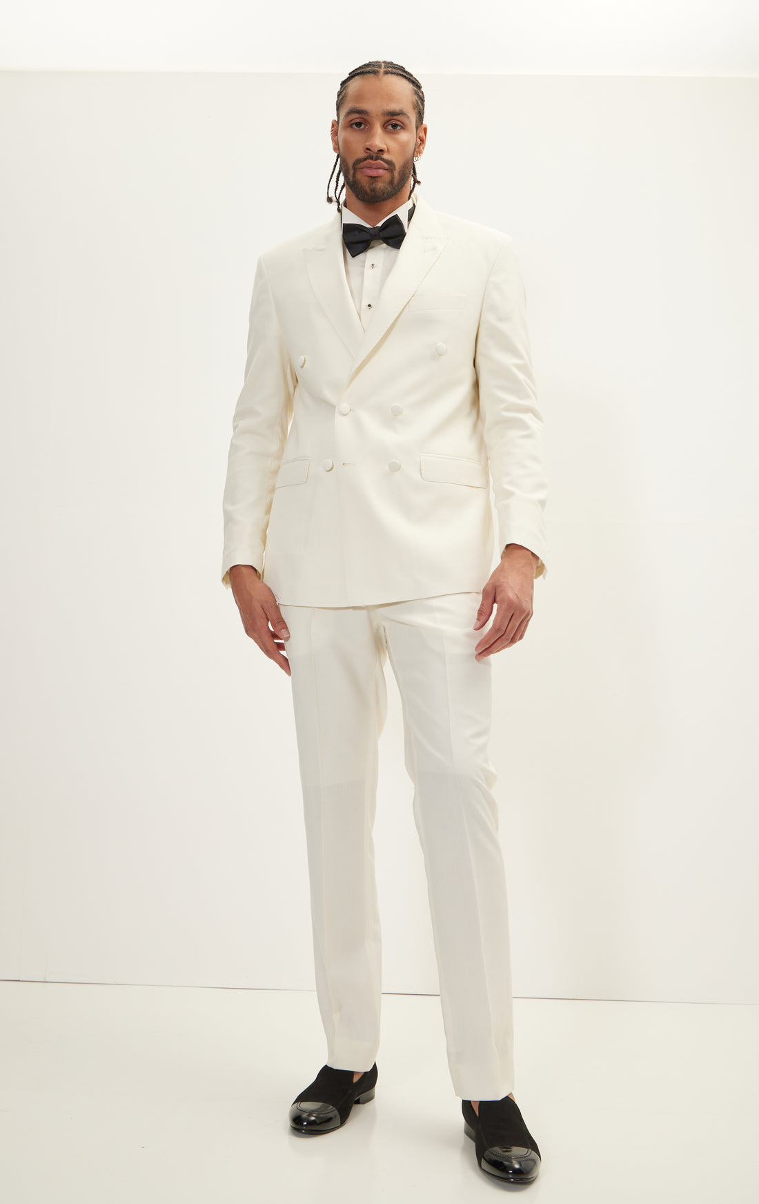 Super 120S Wool Double Breasted Tuxedo Suit - White