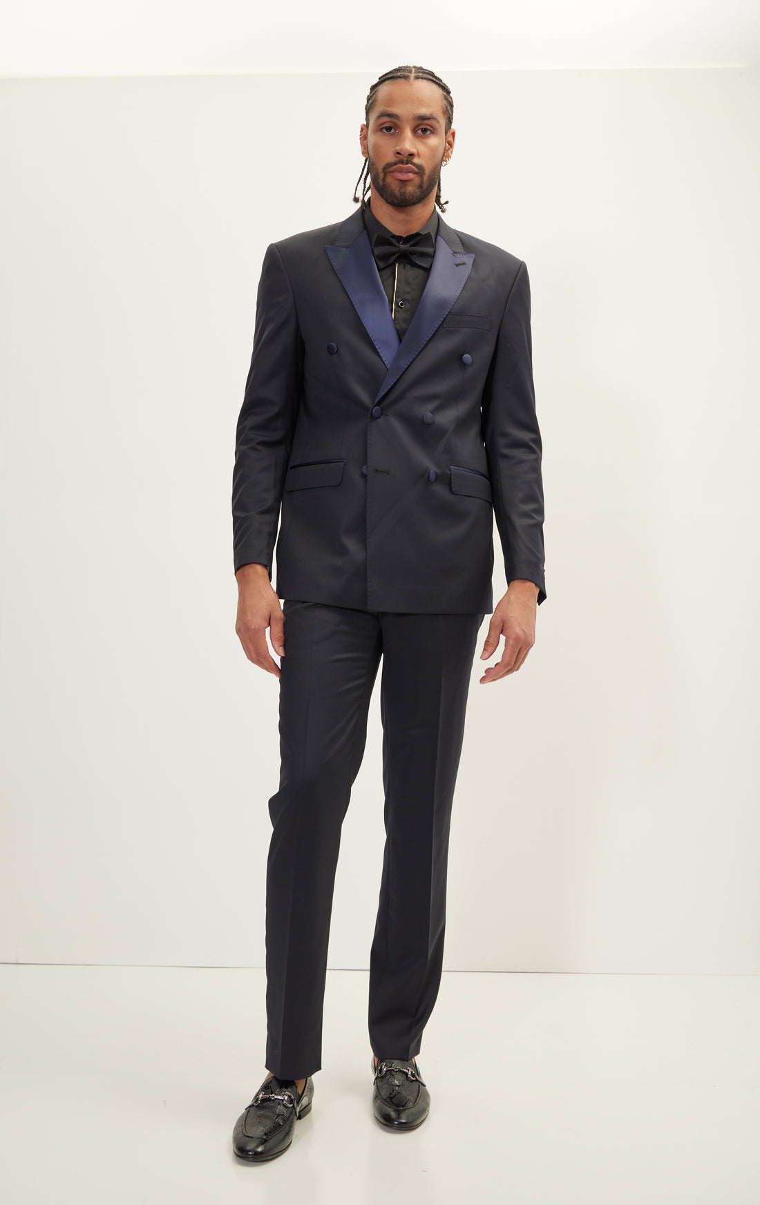 N° R276 SUPER 180S WOOL DOUBLE BREASTED TUXEDO SUIT - NAVY
