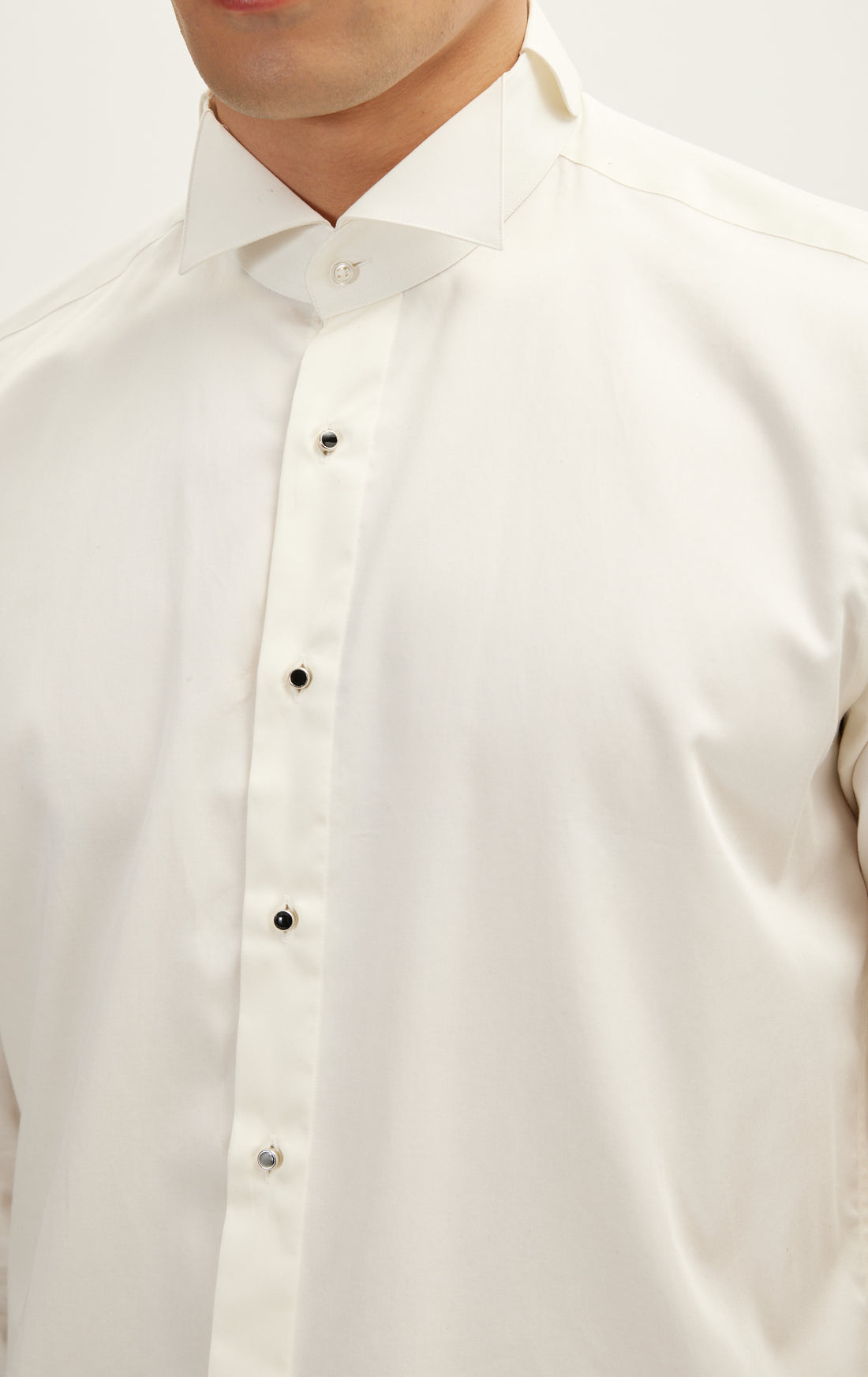 Wing Classical Top  Front Stud Tuxedo Shirt - Light Beige