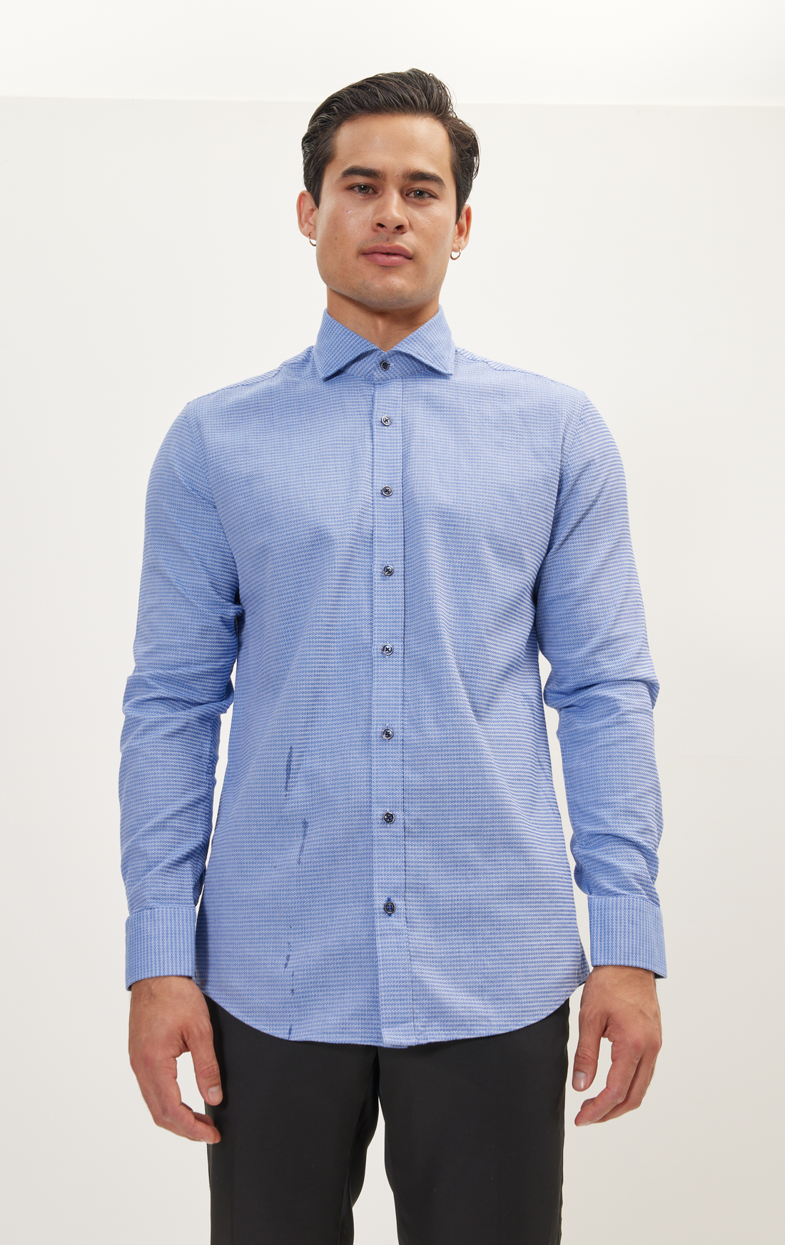 Jacquard Cotton Tonal Button Dress Shirt - Blue
