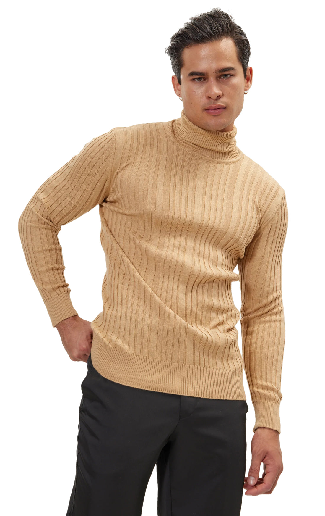 Roll Neck Ribbed Sweater - Camel