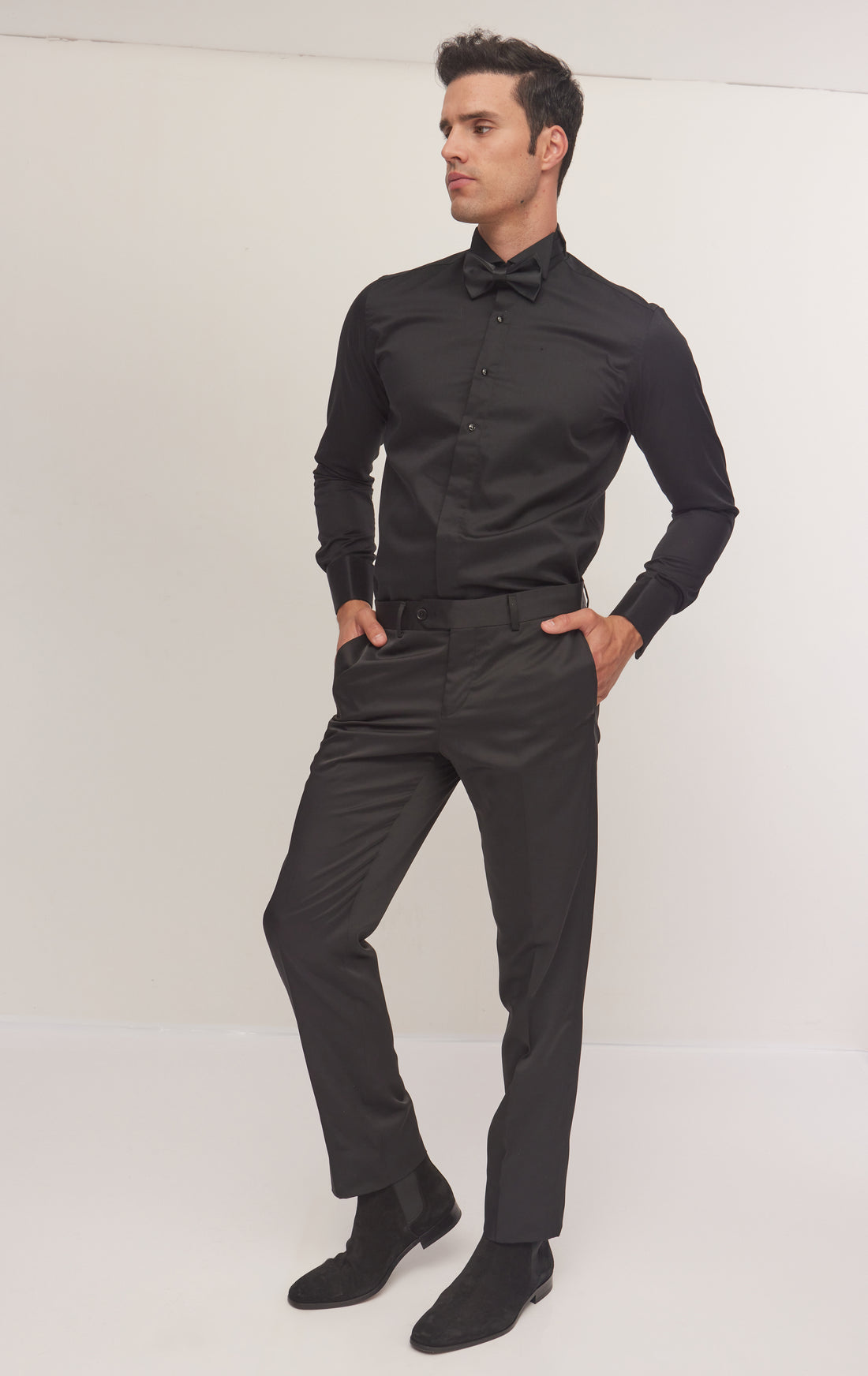 N° 4715 WING CLASSICAL TOP 3 FRONT STUD TUXEDO SHIRT - BLACK