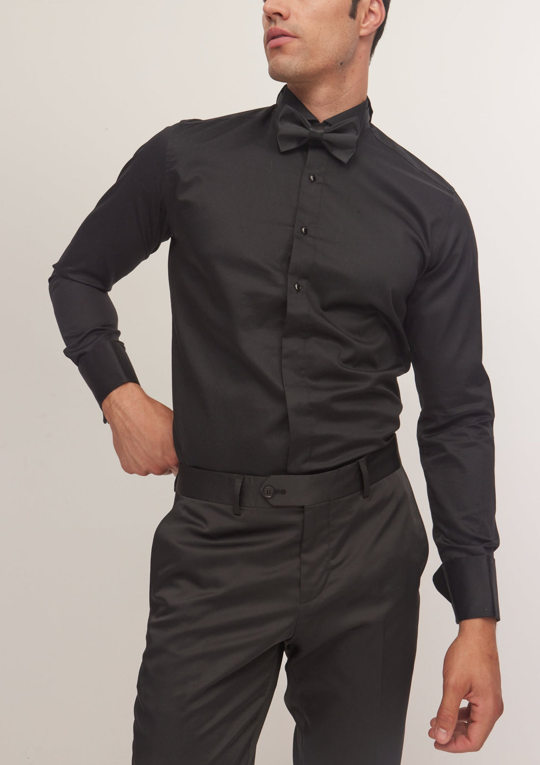 Wing Classical Top  Front Stud Tuxedo Shirt - Black