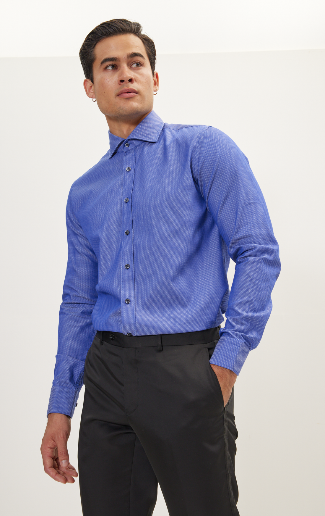 Jacquard Cotton Tonal Button Dress Shirt - Dark Blue