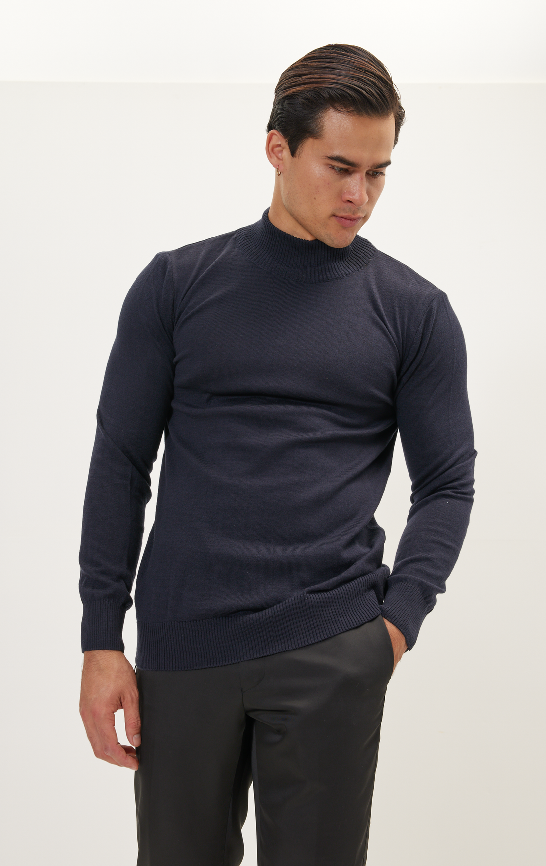 Mock Neck Relaxed Sweater- Navy