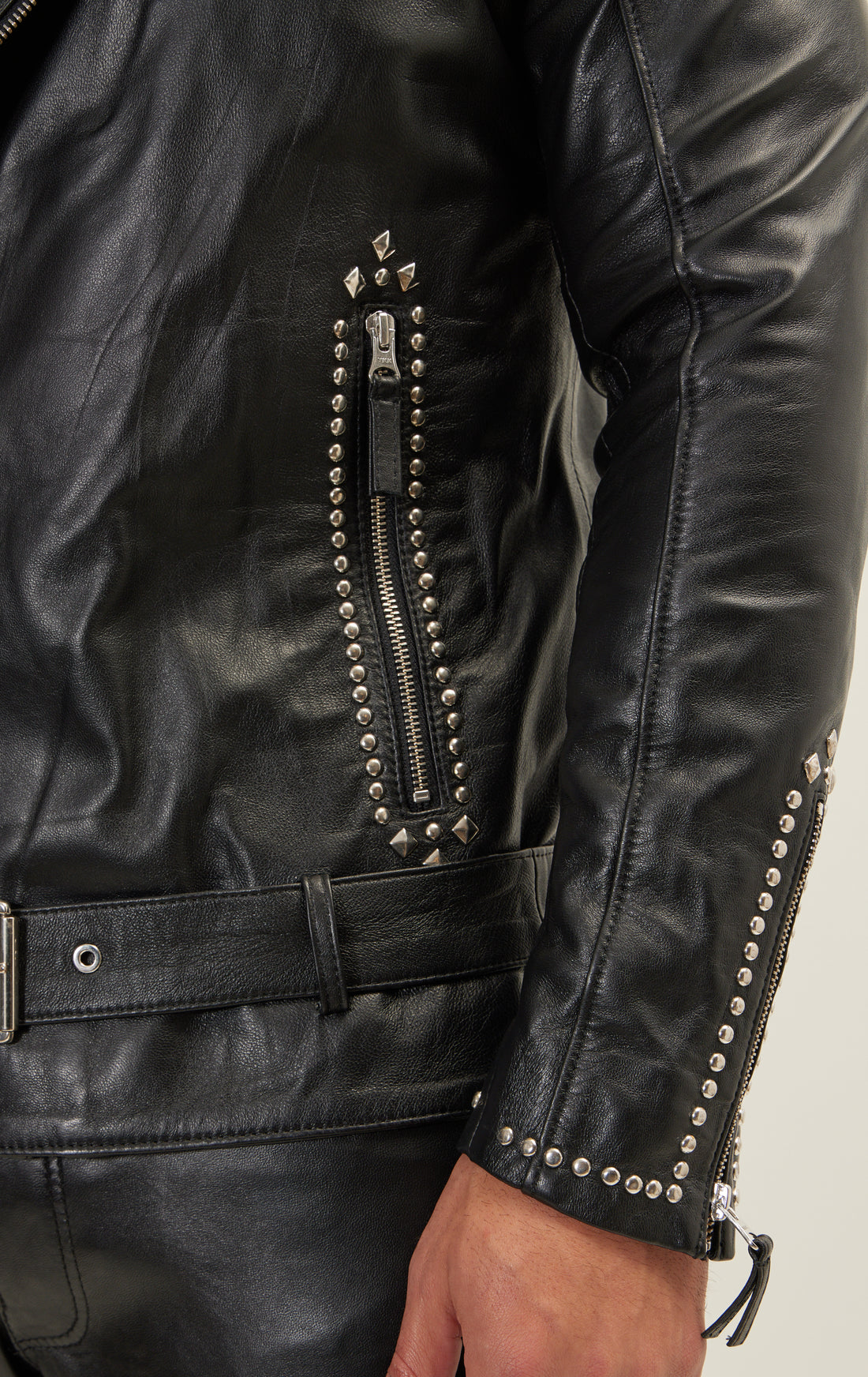 Studded Lambskin Leather Jacket - Black Silver