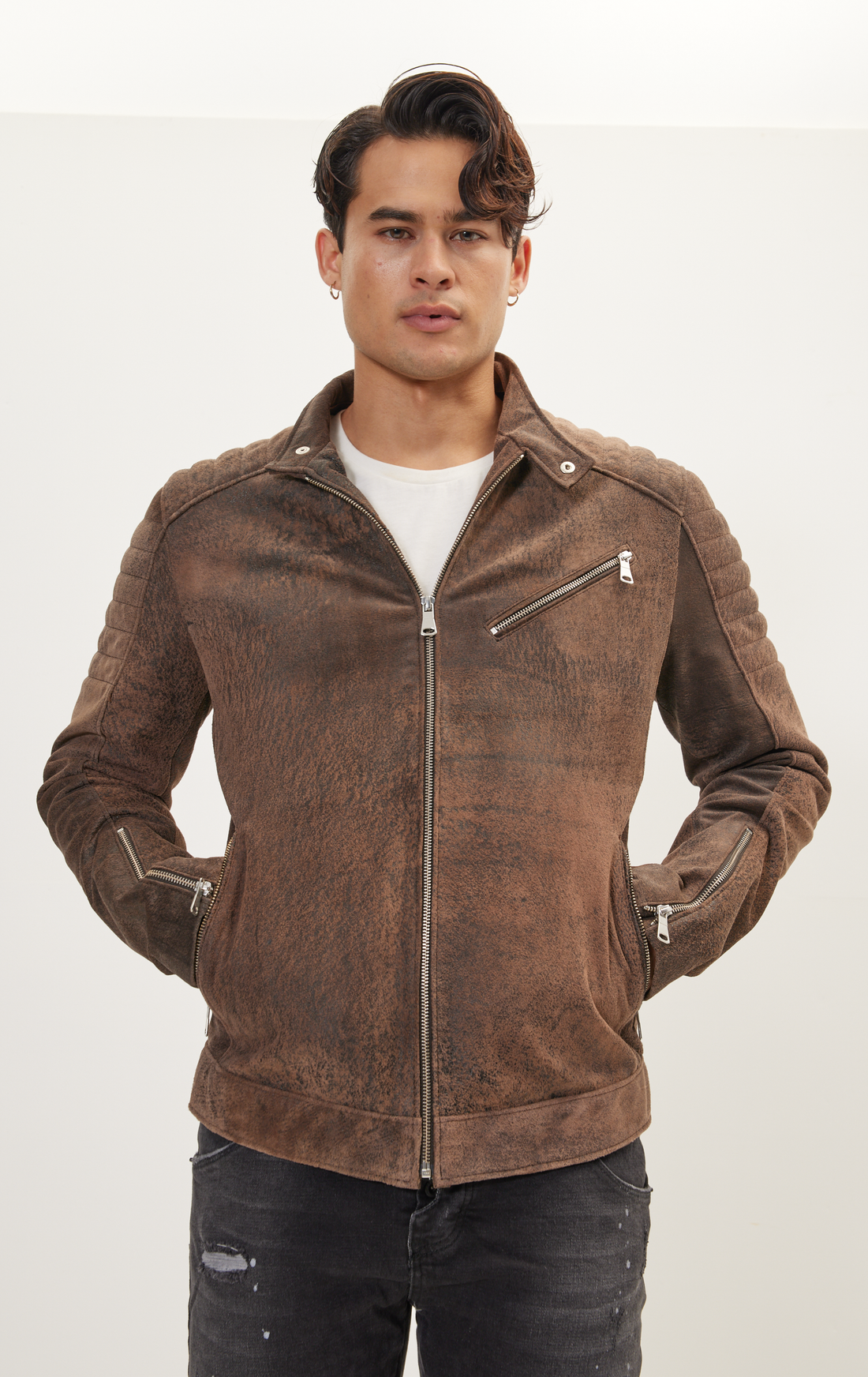 Nubuck Leather Moto Jacket - Brown