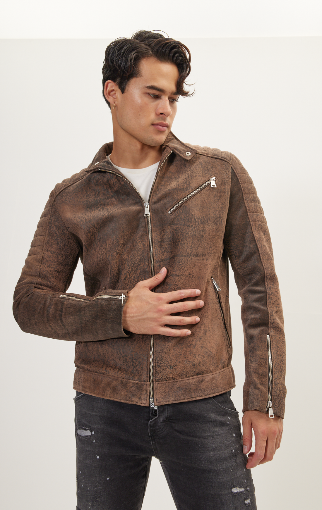 Nubuck Leather Moto Jacket - Brown