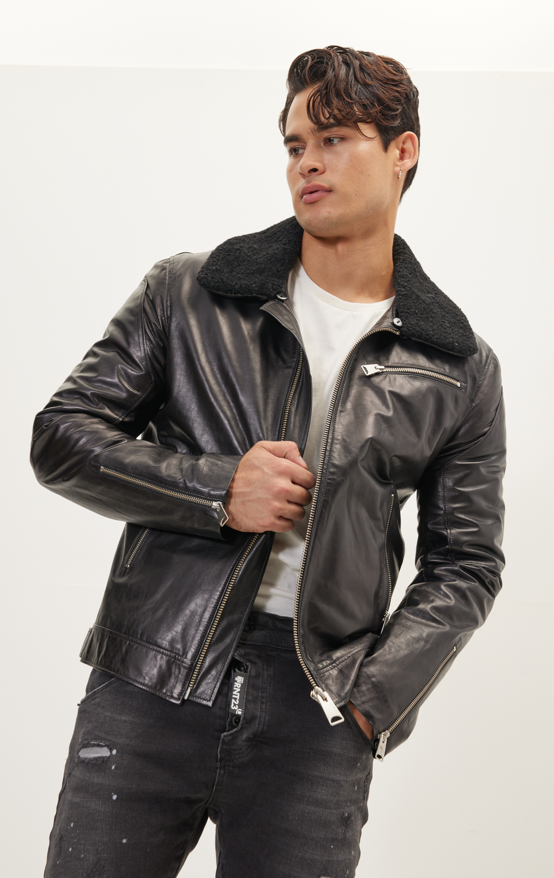 Black Men's Stylish Zipper Jacket Genuine Sheepskin Leather Jacket