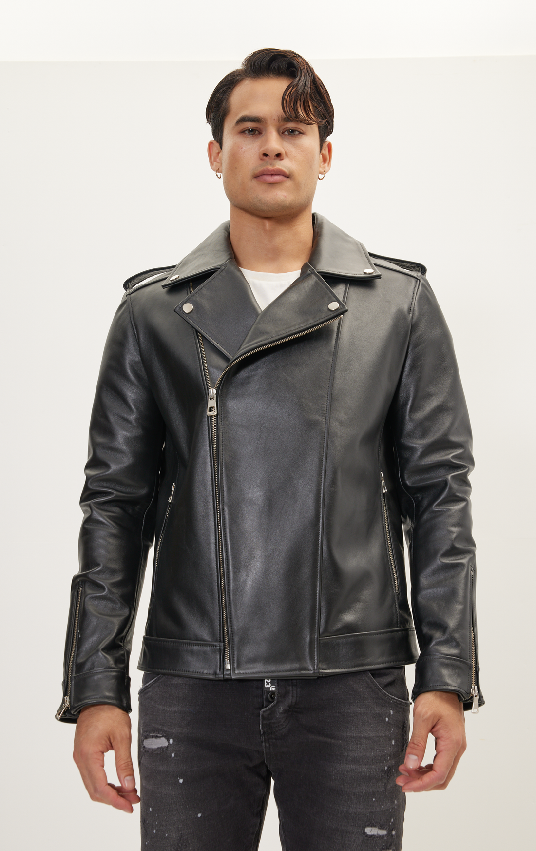 Asymmetric Epaulet Leather Jacket- Black Falcon