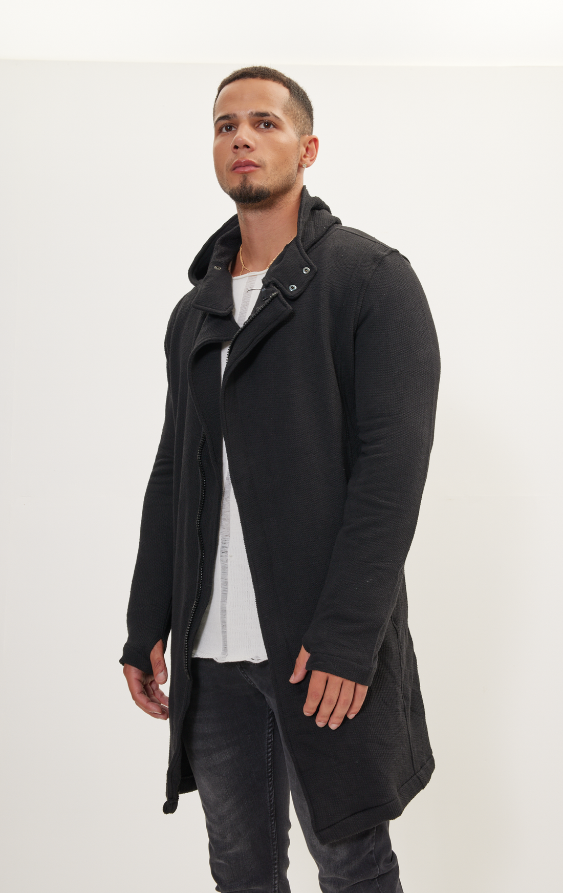 Asymmetric Rebel Cardigan Zipper Closure With Hood - Black