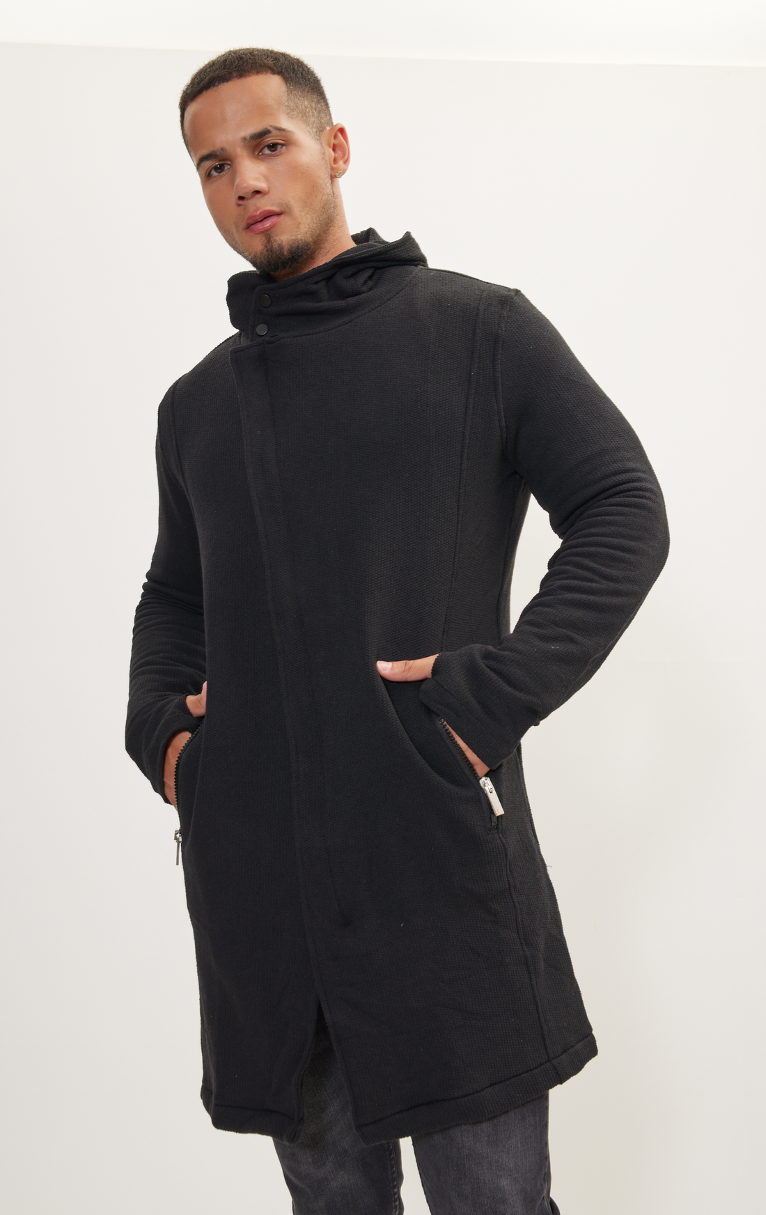 Asymmetric Rebel Cardigan Zipper Closure With Hood - Black