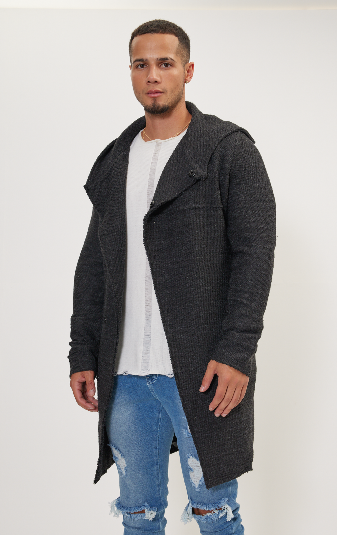 Asymmetric hooded long cardigan - Anthracite