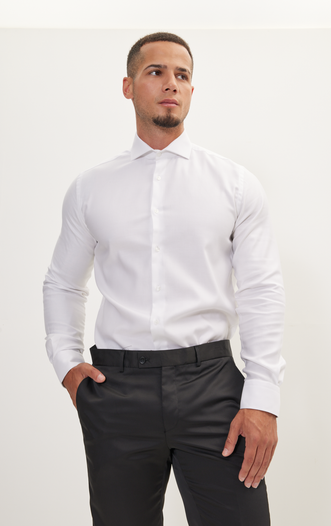 N° AN4902 PURE COTTON FRENCH PLACKET SPREAD COLLAR DRESS SHIRT - WHITE GREY TWILL