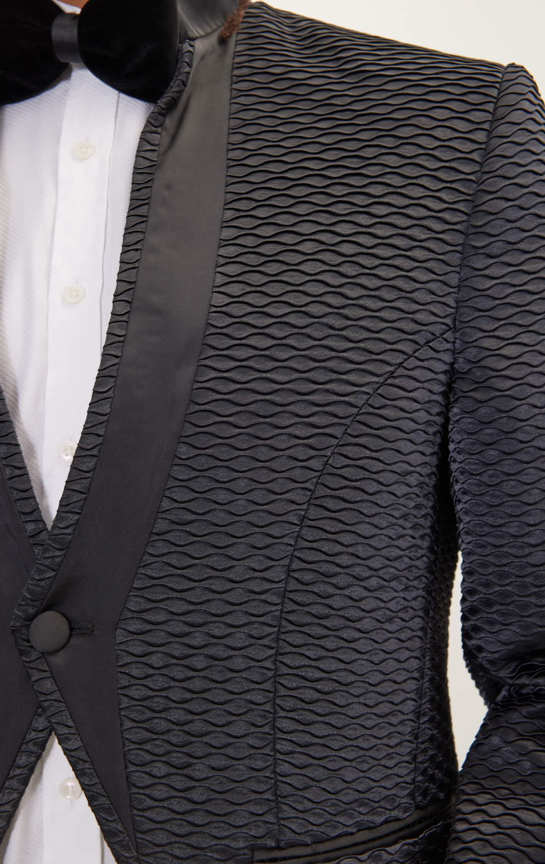 Pleated Satin Mandarin Collar Tuxedo Jacket - Black