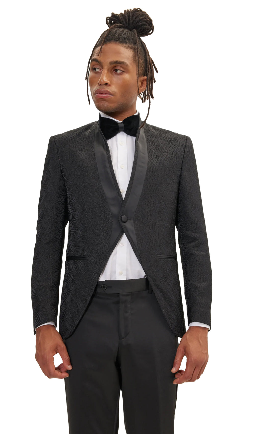 Embellished Satin Mandarin Collar Tuxedo Jacket - Black