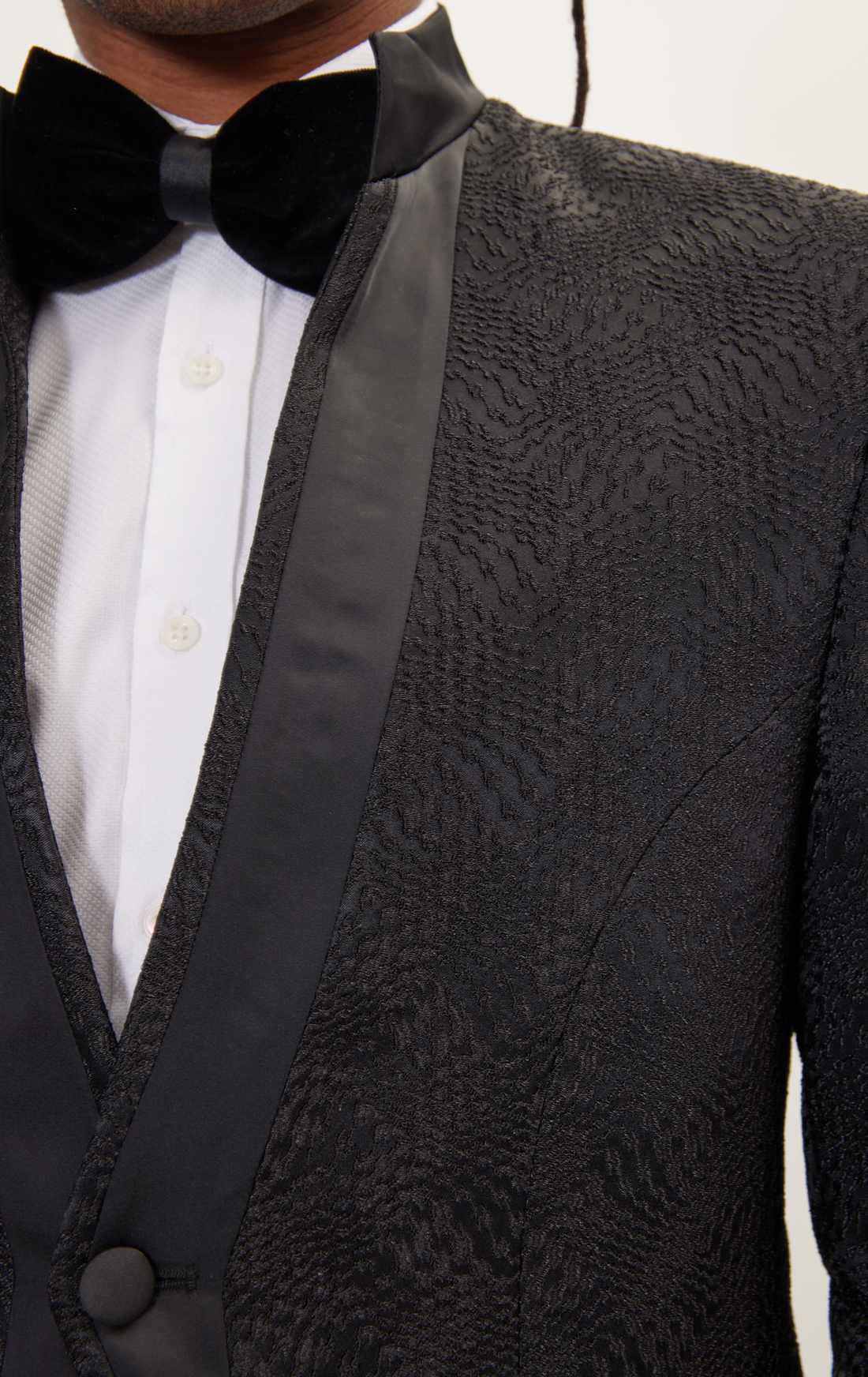 Embellished Satin Mandarin Collar Tuxedo Jacket - Black