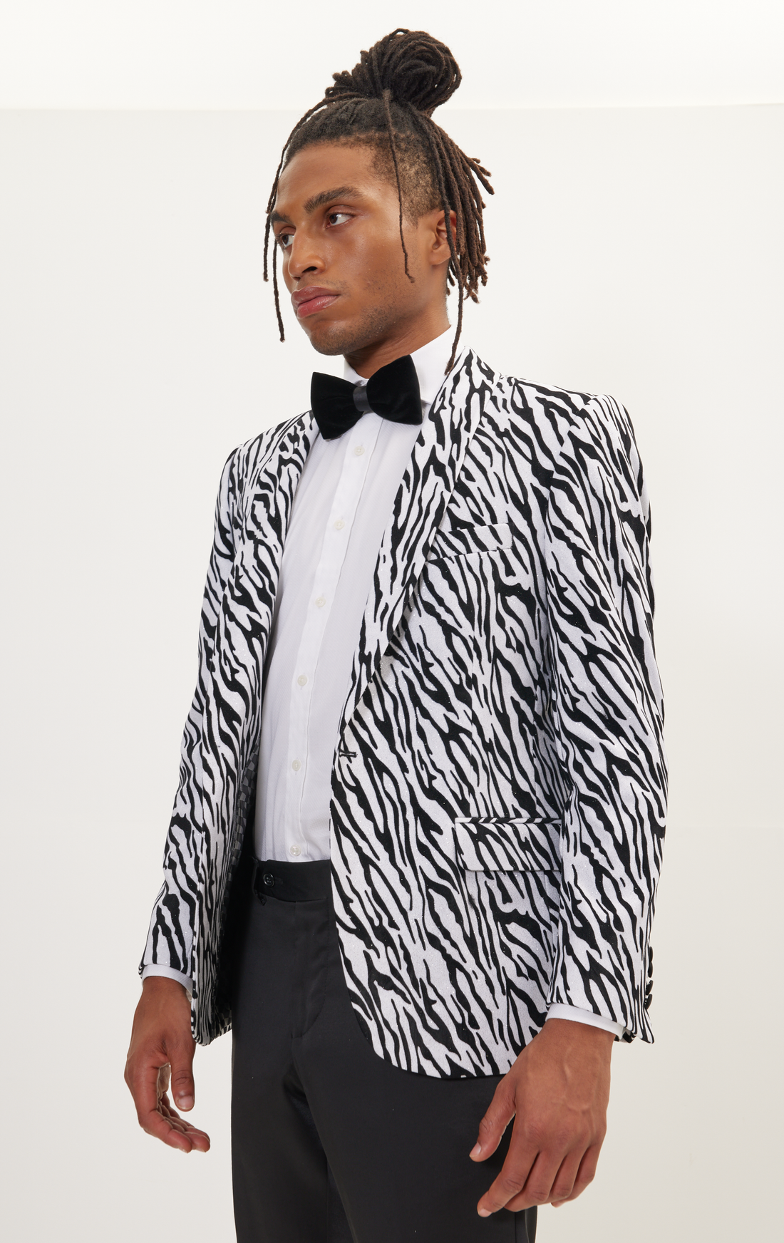 Zebra Velvet Flocking Glittered Tuxedo Jacket - White