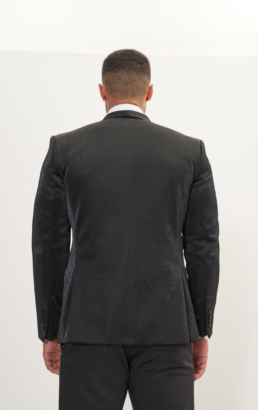 Metallic Sparkle Shawl Lapel Tuxedo Jacket - Black