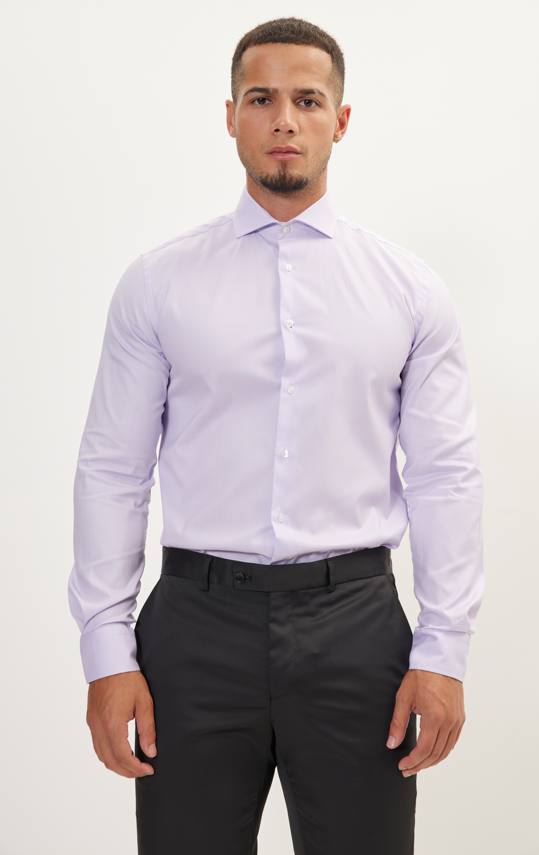 N° AN4902 PURE COTTON FRENCH PLACKET SPREAD COLLAR DRESS SHIRT - LILAC HOUNDSTOOTH