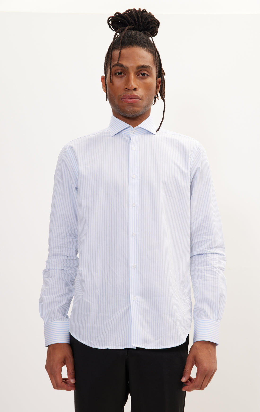 N° AN4903 PURE COTTON FRENCH PLACKET SPREAD COLLAR DRESS SHIRT - WHITE BLUE BENGAL STRIPES